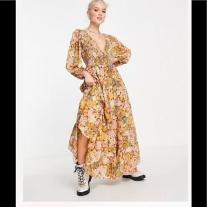 BNWOT ASOS shirred wrap tiered skirt maxi dress mustard floral print 4